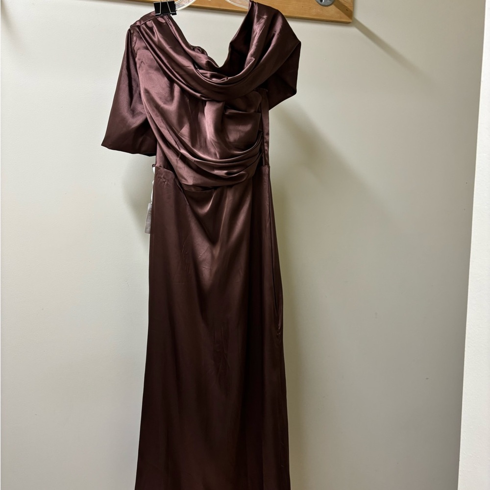 Elegant One Shoulder Satin Dress in Deep Burgandy- has brown -purple undertones